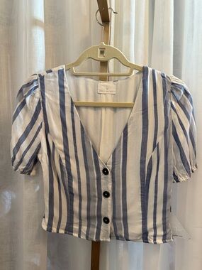 Lost + Wander Blue and White Striped V-Neck Puff Sleeve Top